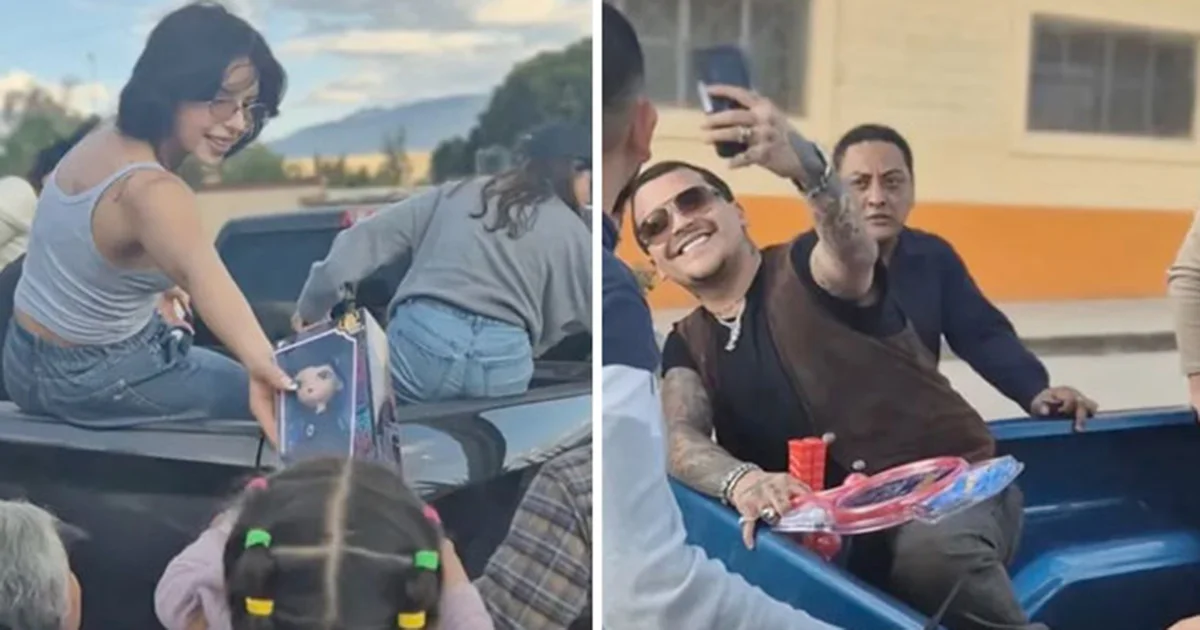 Christian Nodal, Ángela Aguilar y Pepe Aguilar repartieron juguetes en una comunidad de Zacatecas durante Navidad.