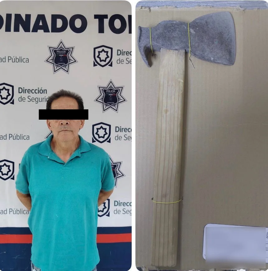 Policía de Torreón detiene a hombre que agredió a un familiar con un hacha durante un episodio de violencia intrafamiliar.