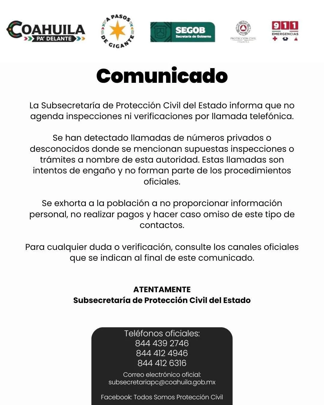 Alerta Protección Civil Coahuila sobre presuntas llamadas de extorsión a nombre de la dependencia