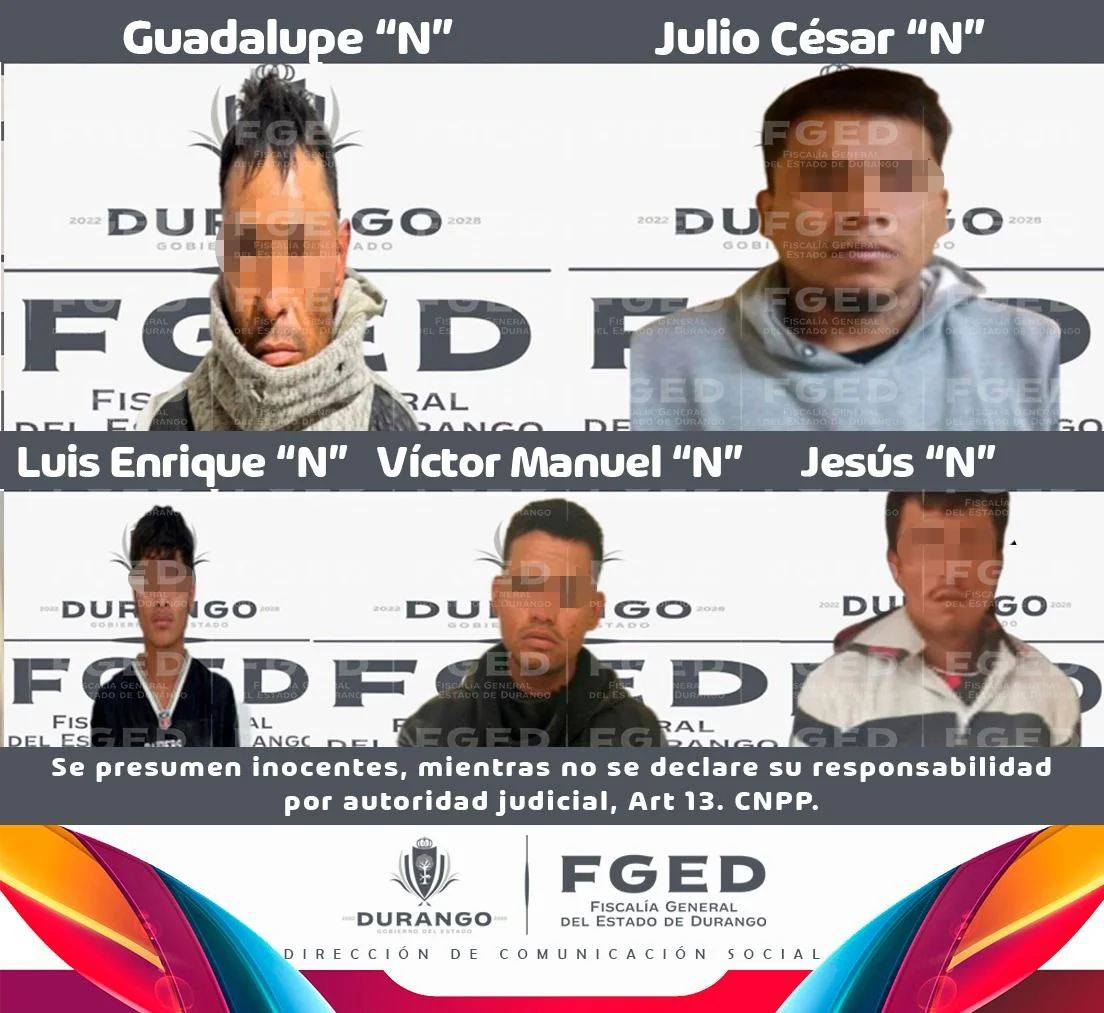 Fiscalía de Durango logra vinculación a proceso de cinco presuntos responsables por diversos robos con violencia en la región.