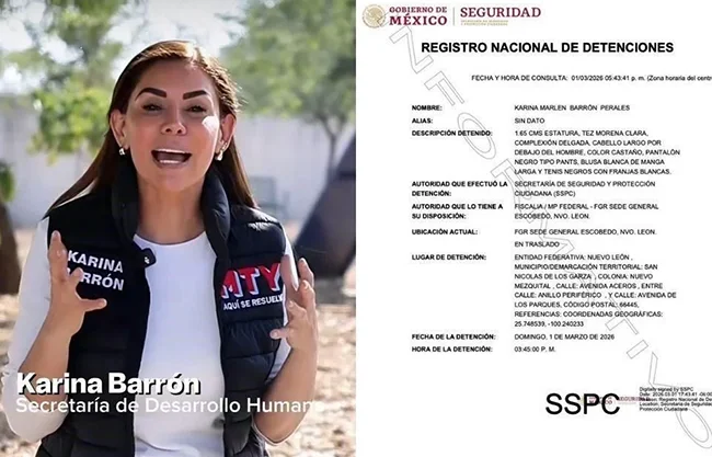 La Secretaria de Desarrollo Humano e Igualdad Sustantiva de Monterrey, Karina Barrón, fue detenida esta tarde por la Secretaría de Seguridad Pública, informaron fuentes oficiales