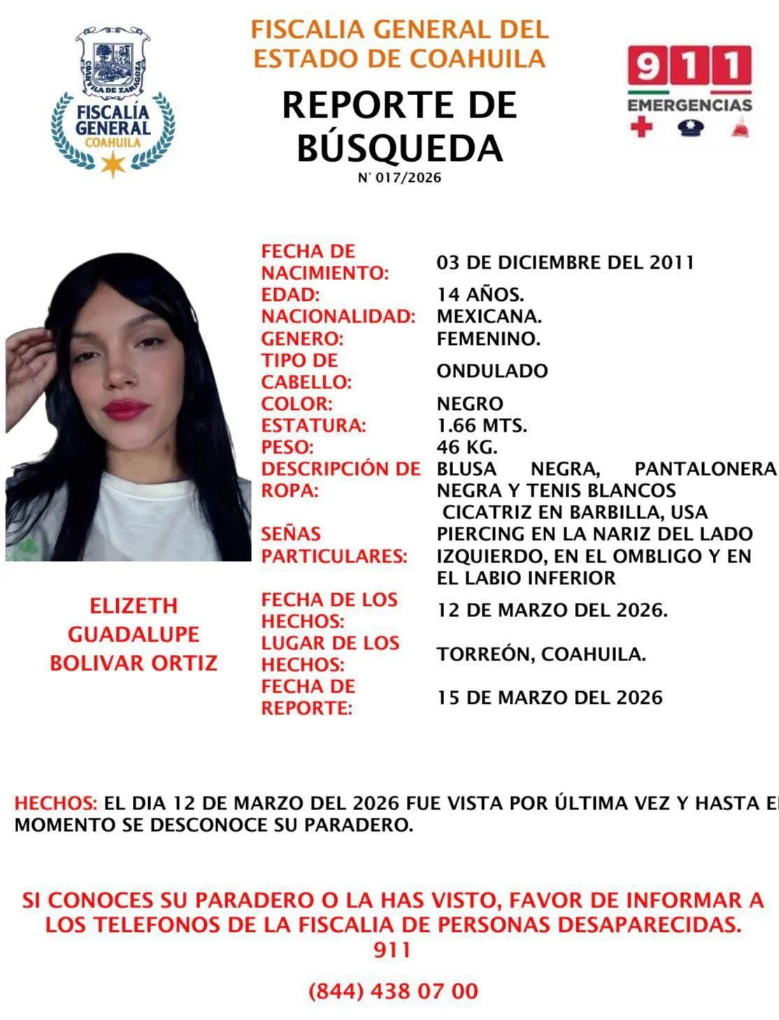Buscan a Elizeth, adolescente de 14 años, desaparecida en Saltillo. Fiscalía de Coahuila pide apoyo ciudadano para localizarla.
