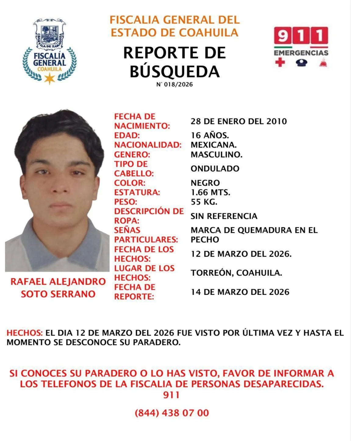 Adolescente de 16 años desaparece en Coahuila; Fiscalía busca a Rafael Alejandro. Se activa protocolo de búsqueda.