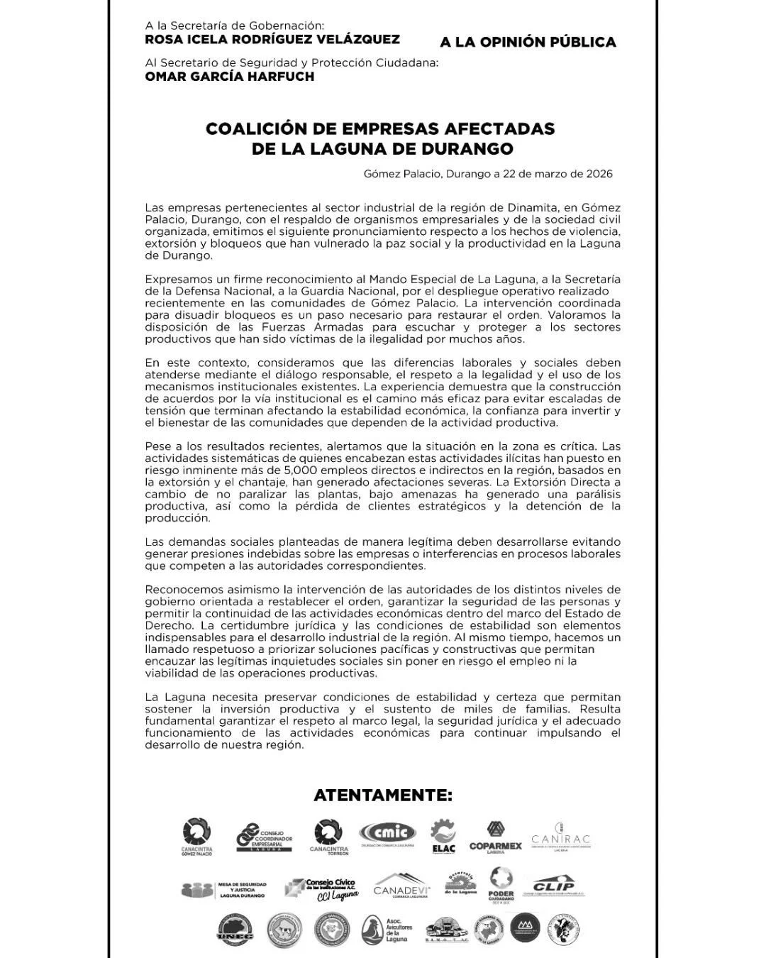 Empresarios de La Laguna alertan sobre extorsión y bloqueos que afectan la actividad industrial en la región y exigen seguridad a autoridades federales.