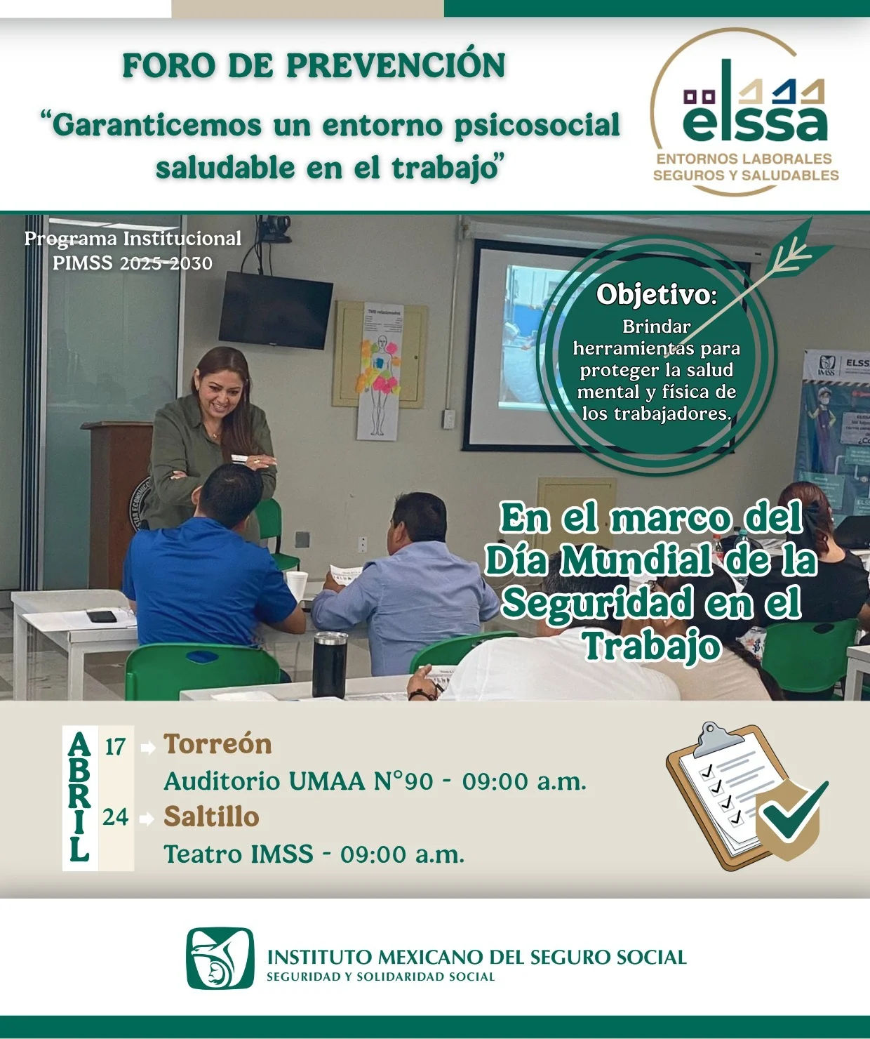 IMSS Coahuila organiza foros empresariales para promover entornos laborales saludables y prevenir riesgos psicosociales en las regiones Laguna y Sureste.