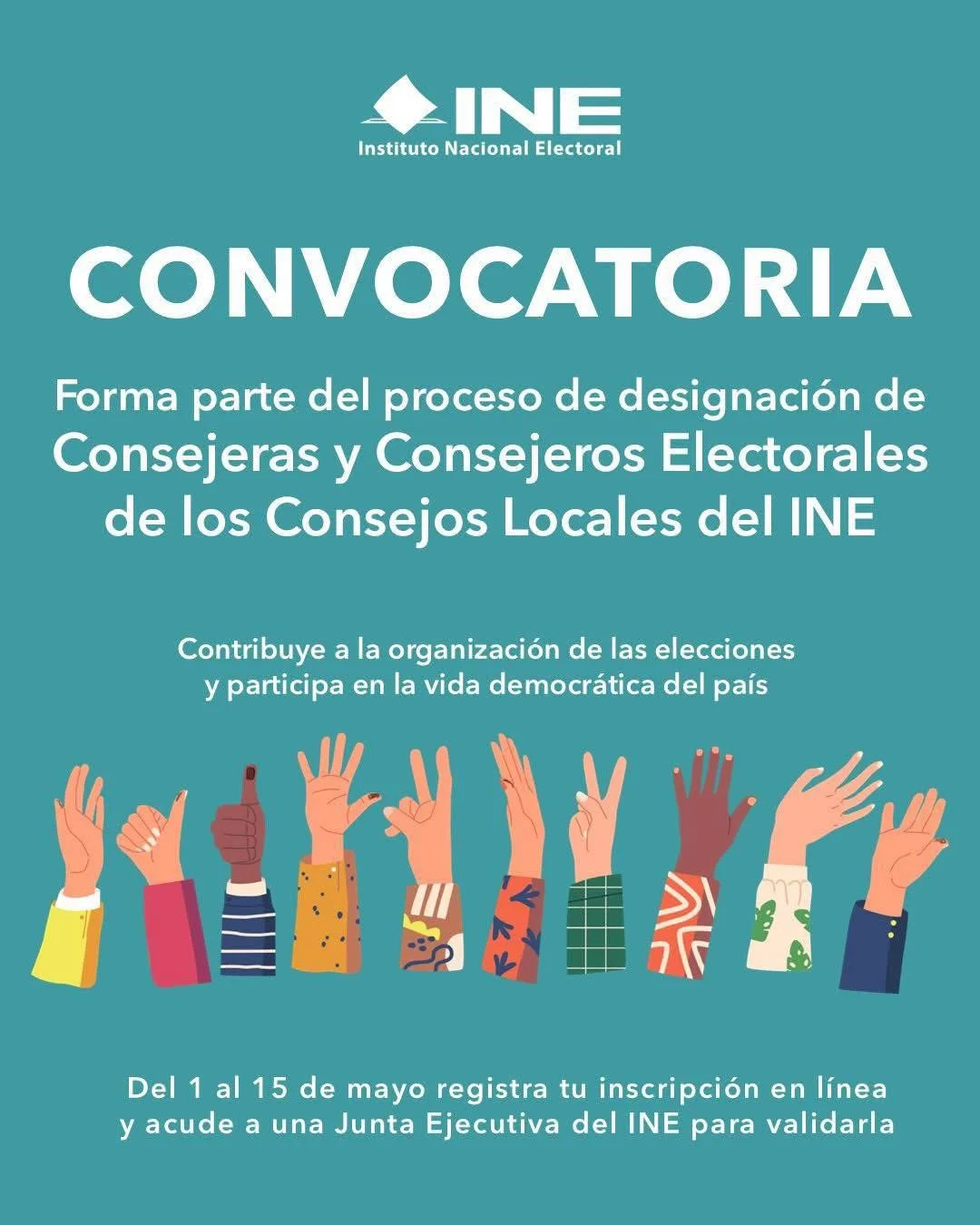 INE convoca a ciudadanos para integrar consejos electorales locales. Registro en línea del 1 al 15 de mayo. Participa en la organización de los comicios.