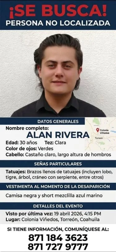 Buscan a Alan Rivera, de 30 años, desaparecido en Torreón desde el 19 de abril. Familiares piden ayuda para localizarlo.