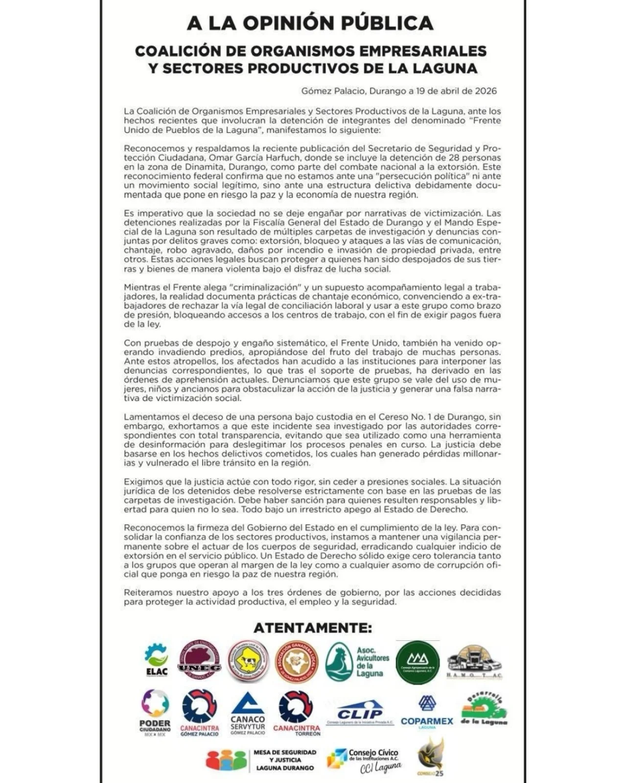 Coalición empresarial respalda detención de 28 personas en La Laguna, vinculadas a una estructura de extorsión según autoridades de seguridad.