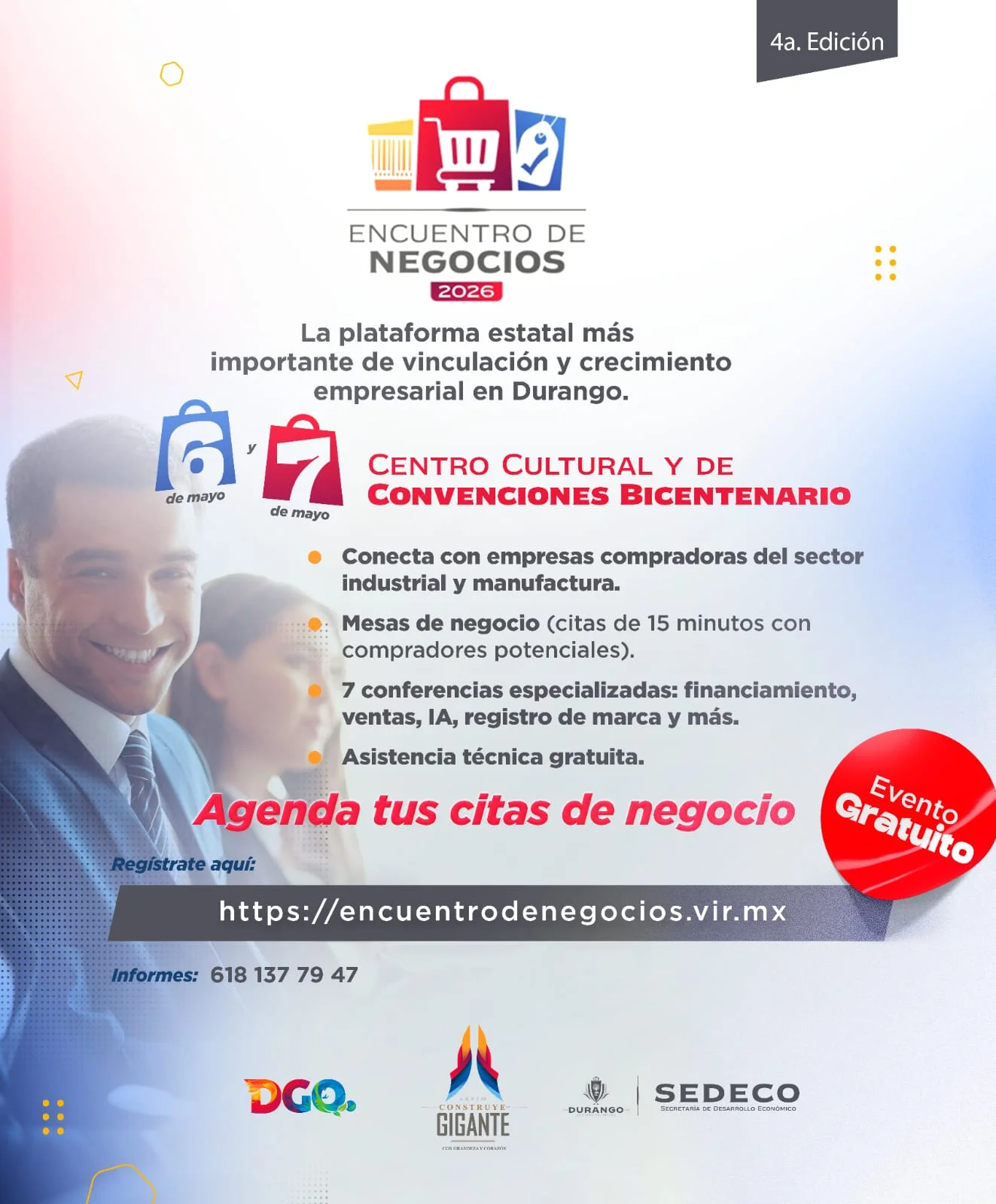 Encuentro de Negocios en Durango: conferencias y mesas de vinculación para MiPyMES y emprendedores el 6 y 7 de mayo.