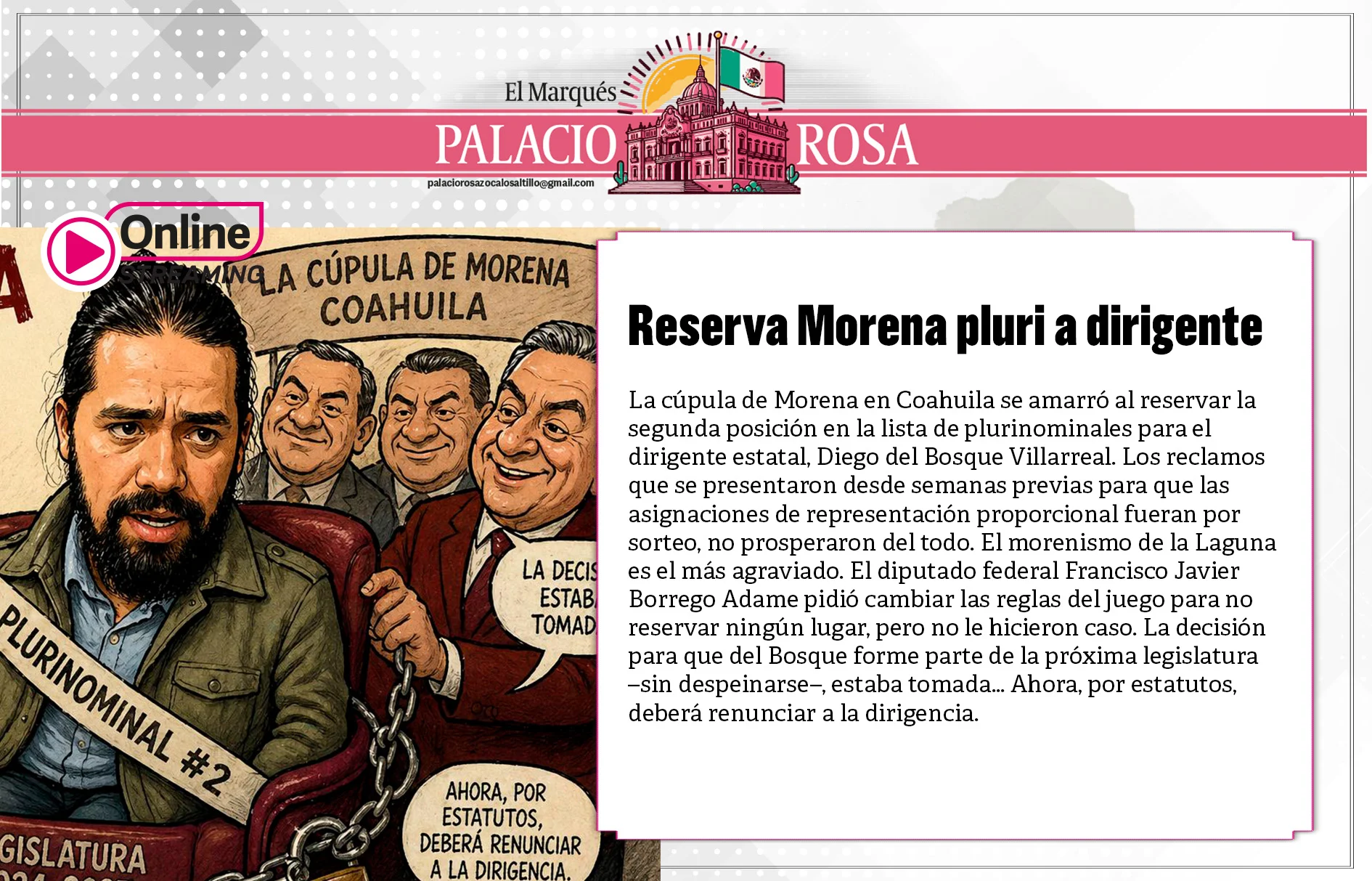 La cúpula de Morena en Coahuila se amarró al reservar la segunda posición en la lista de plurinominales para dirigente estatal, Diego del Bosque