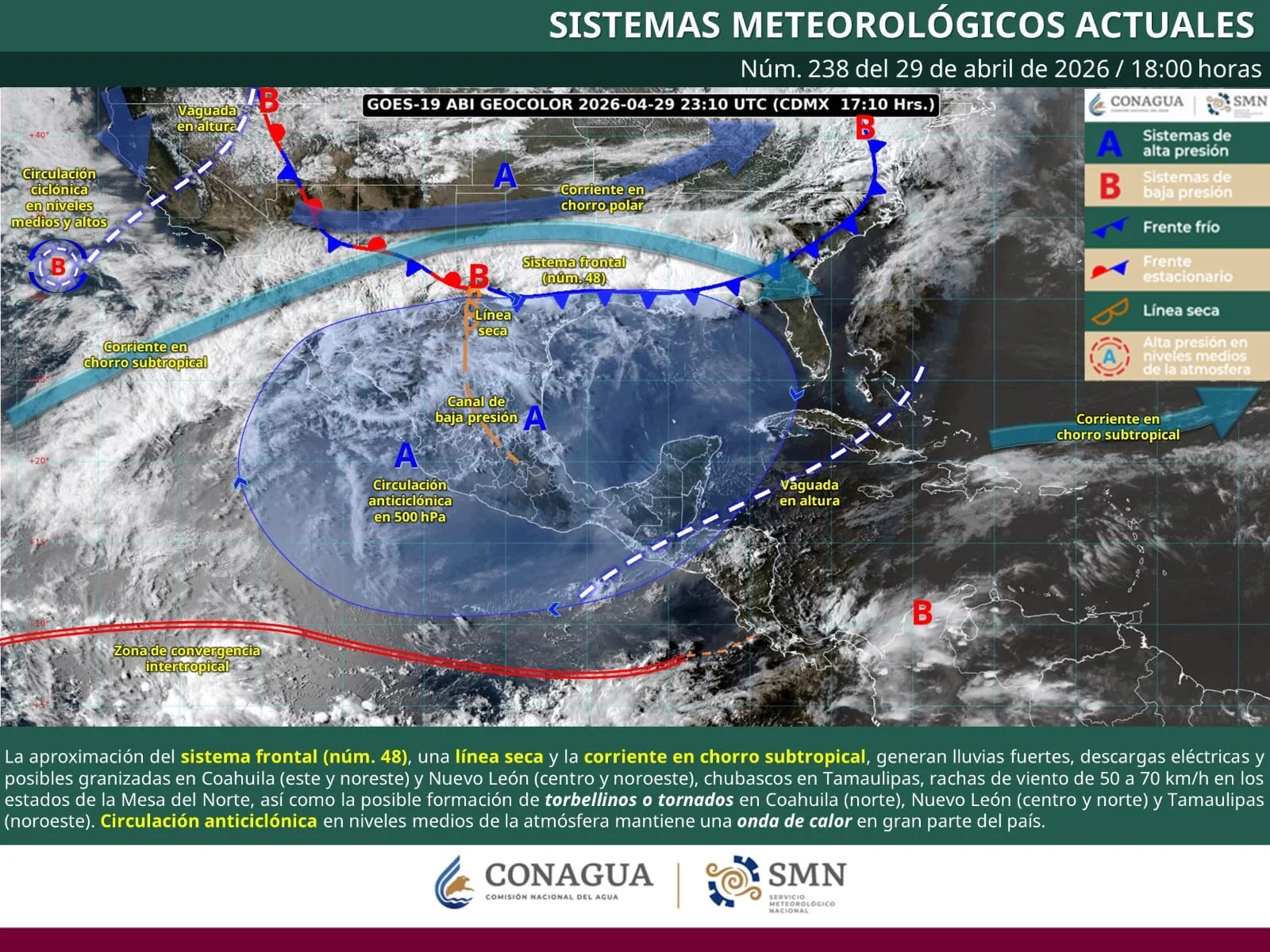 Lluvias intensas y granizo azotarán varias regiones; Protección Civil alerta por vientos de hasta 70 km/h y posibles inundaciones.