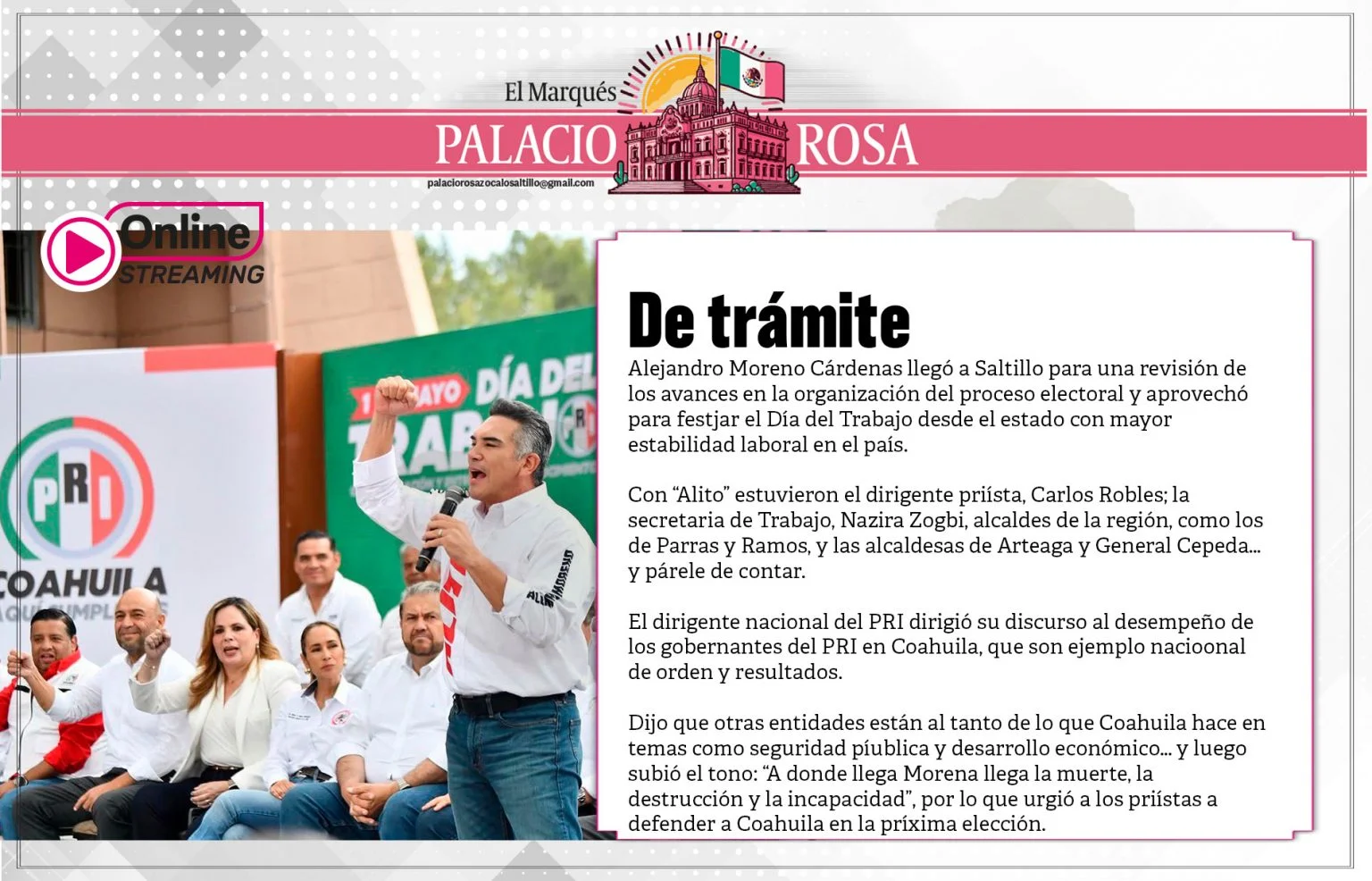Alejandro Moreno Cárdenas llegó a Saltillo para una revisión de los avances en la organización del proceso electoral