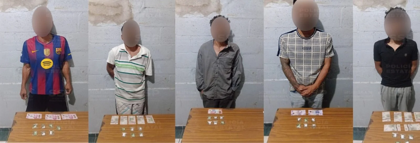 Cinco detenidos en Gómez Palacio con dosis de cristal durante operativo contra narcomenudeo.