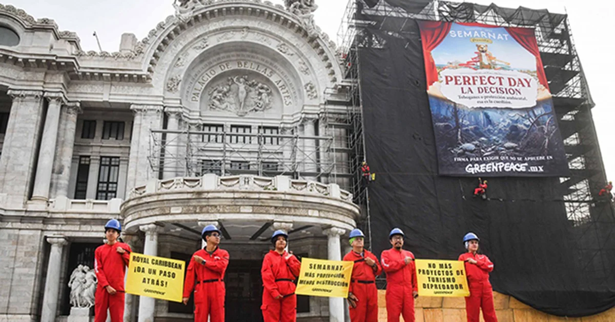 Con apoyo de arneses, activistas de Greenpeace desplegaron una mega manta en Bellas Artes por conflicto ambiental en Mahahual, Quintana Roo
