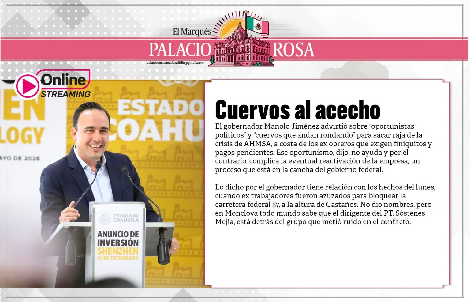 El gobernador Manolo Jiménez advirtió sobre “oportunistas políticos” y “cuervos que andan rondando”
