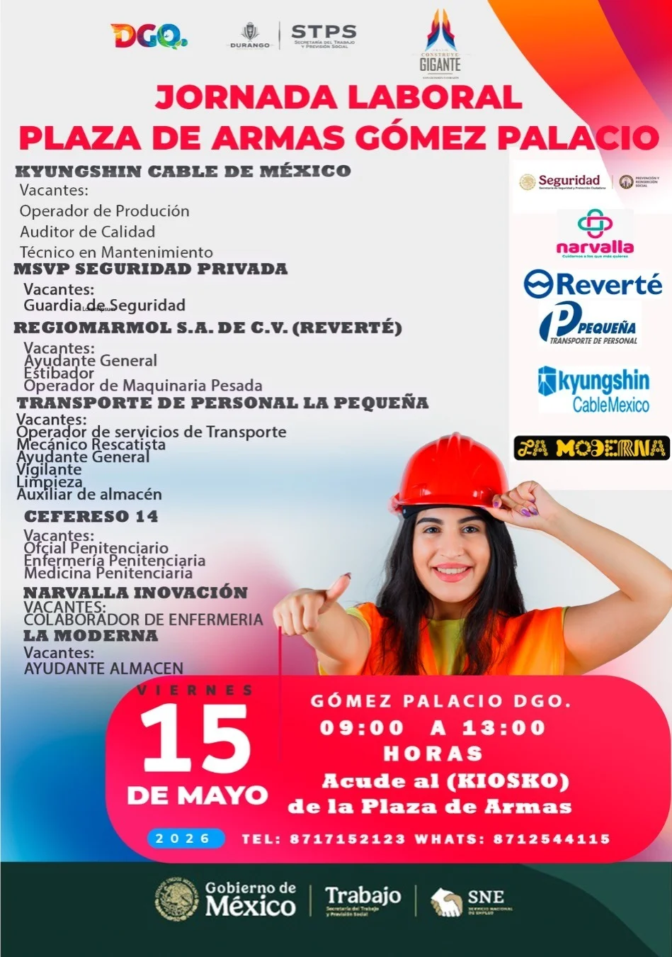 Jornada laboral en Gómez Palacio: más de 100 vacantes el 15 de mayo. Empresas ofrecen empleo formal en la Plaza de Armas.