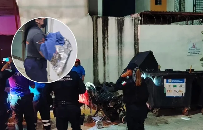Un menor de apenas minutos de nacido fue hallado dentro de un contenedor de basura en el fraccionamiento Paraíso Maya, en Cancún, Quintana Roo