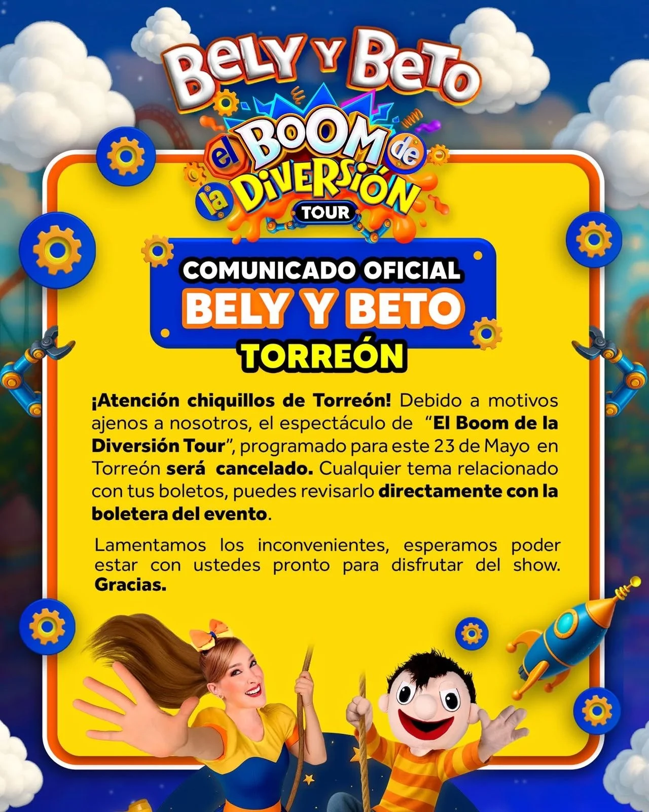 Cancelan presentación de Bely y Beto en Torreón programada para este 23 de mayo