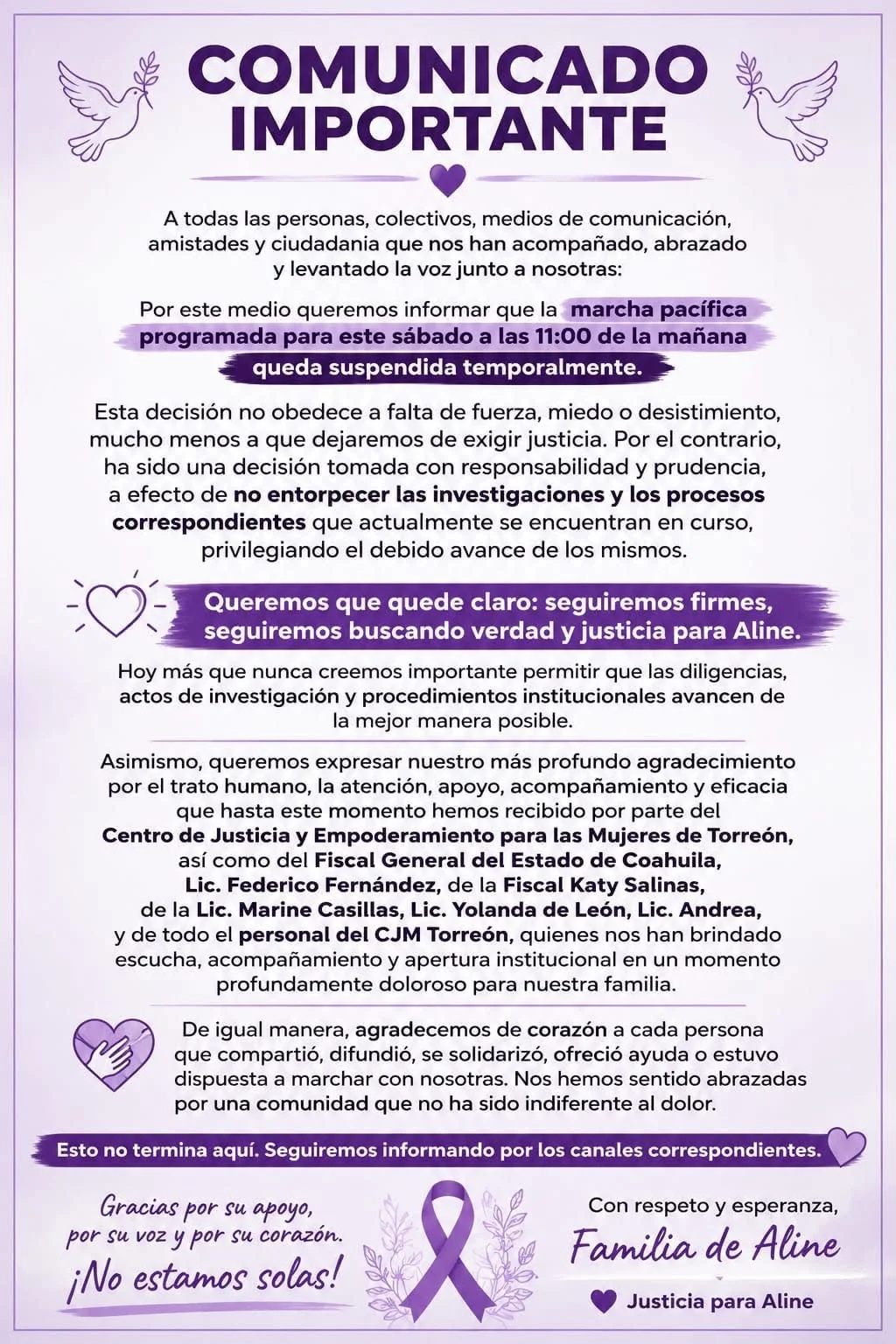 Suspenden manifestación por caso Aline; familia busca no entorpecer investigaciones
