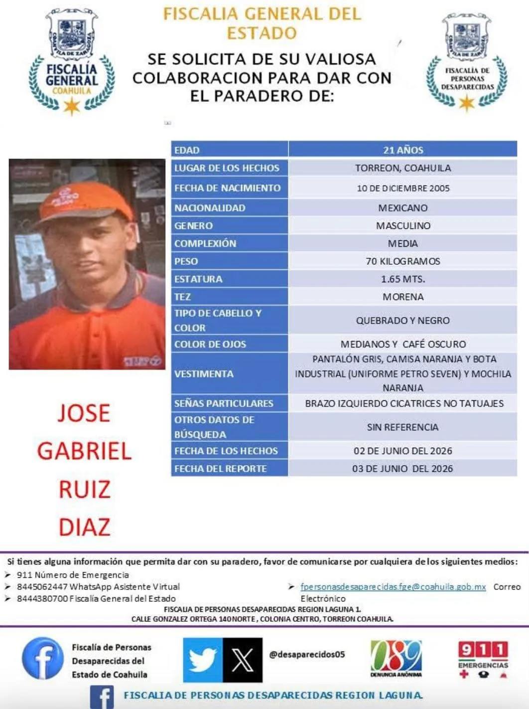 Emiten ficha de búsqueda para localizar a joven desaparecido en Torreón