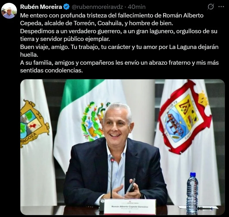 Rubén Moreira lamenta fallecimiento de Román Cepeda; lo recuerda como “un gran lagunero y servidor público ejemplar”