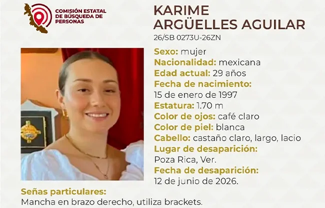 Emiten ficha de búsqueda por la desaparición de Karime Argüelles Aguilar en Poza Rica