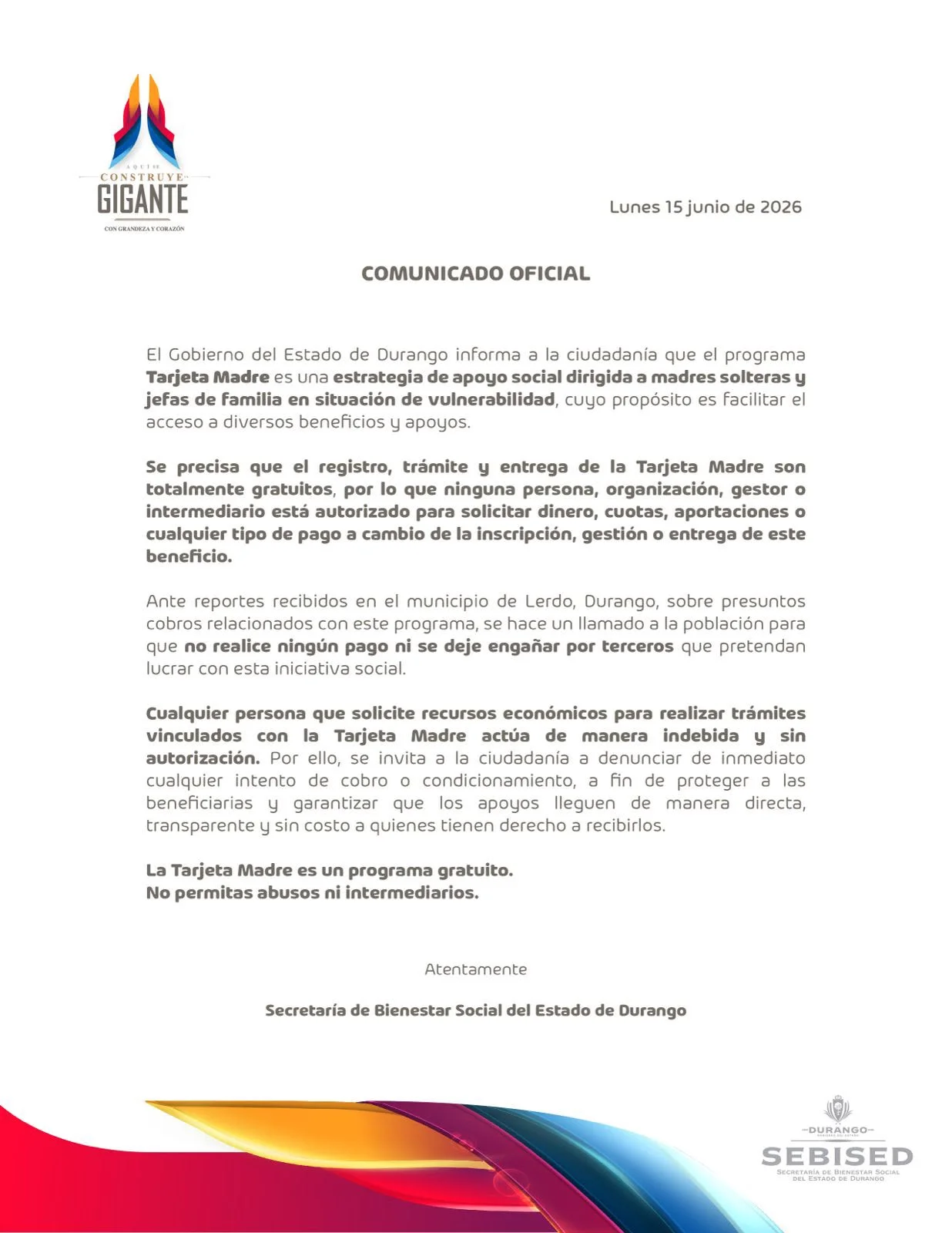 Detectan presunto “coyotaje” en trámites de la Tarjeta Madre en Lerdo; Gobierno de Durango advierte que el programa es gratuito