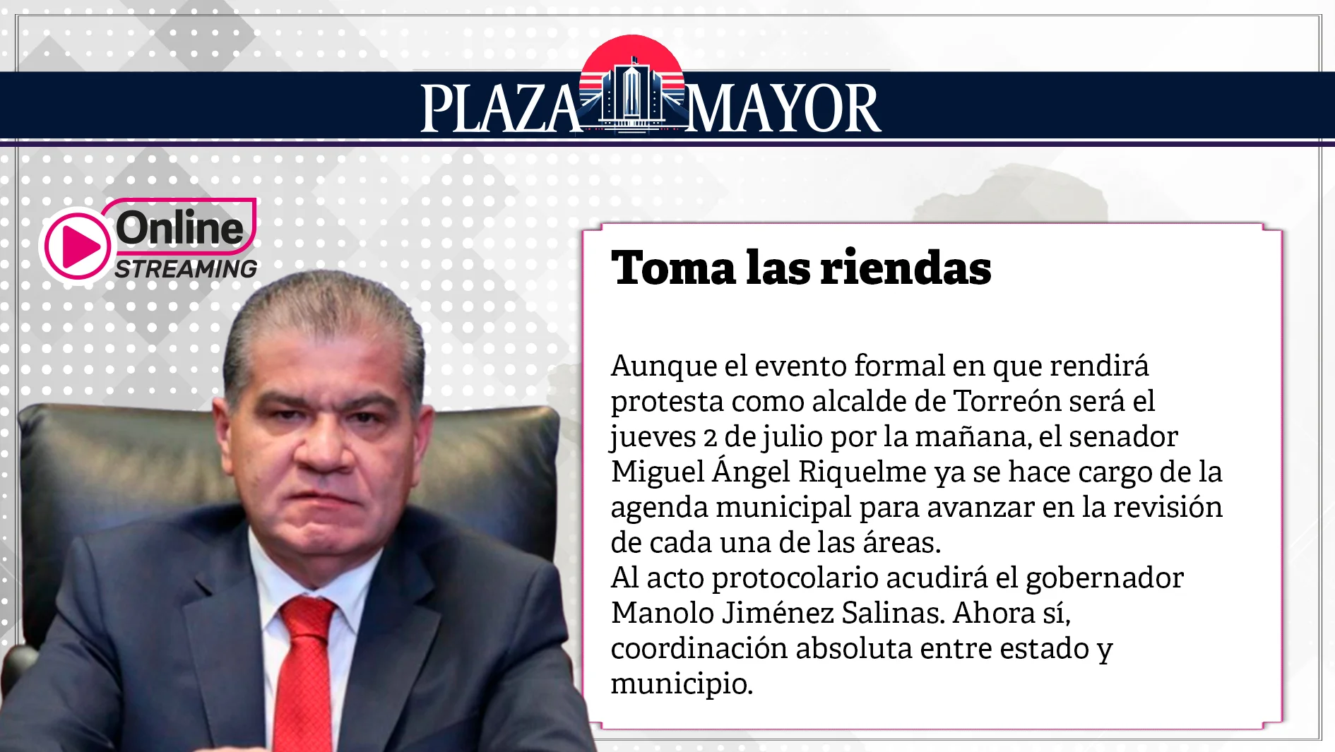 El senador Miguel Ángel Riquelme ya se hace cargo de la agenda municipal.