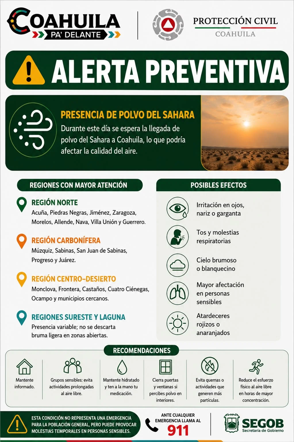 Polvo del Sahara llegará a Coahuila; emiten recomendaciones por afectaciones en la calidad del aire