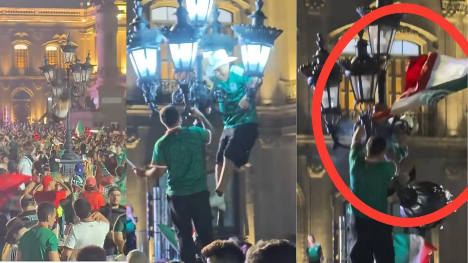 Durante los festejos, varios aficionados subieron a las luminarias del emblemático espacio público, sin embargo, al no resistir el peso, cayeron
