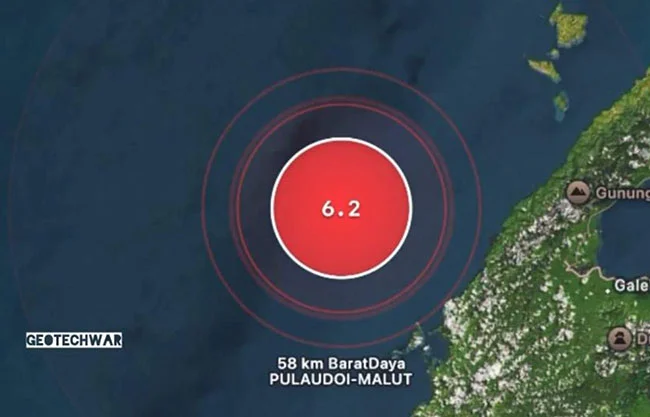 El USGS informó sobre un terremoto de magnitud 6.2 en el este de Indonesia, ocurrido frente a las islas Molucas y sin alerta de tsunami