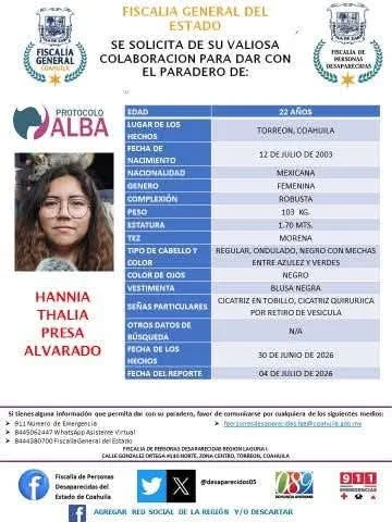 Madre e hija desaparecidas en Torreón: Hannia Thalía, de 22 años, y su pequeña Mercy Sunny, de 3, fueron vistas por última vez el 30 de junio. Autoridades activan búsqueda.