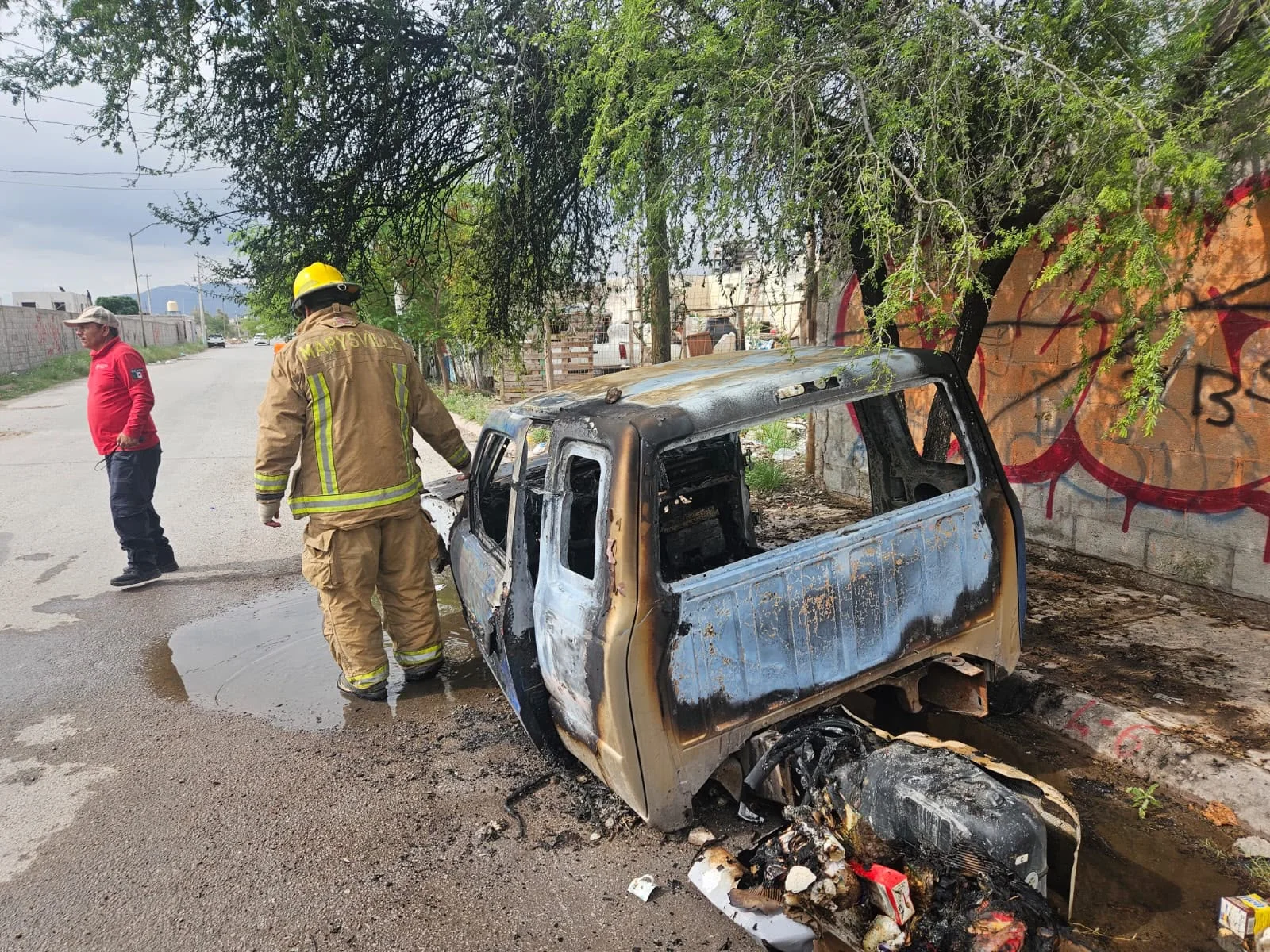 Vecinos sofocan incendio en camioneta y árbol en Lerdo. No hay lesionados.