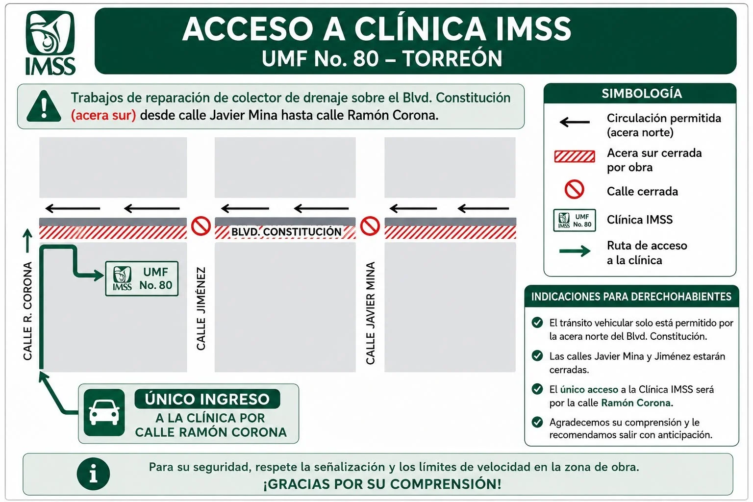 Obras de drenaje modifican temporalmente acceso a la UMF No. 80 del IMSS en Torreón