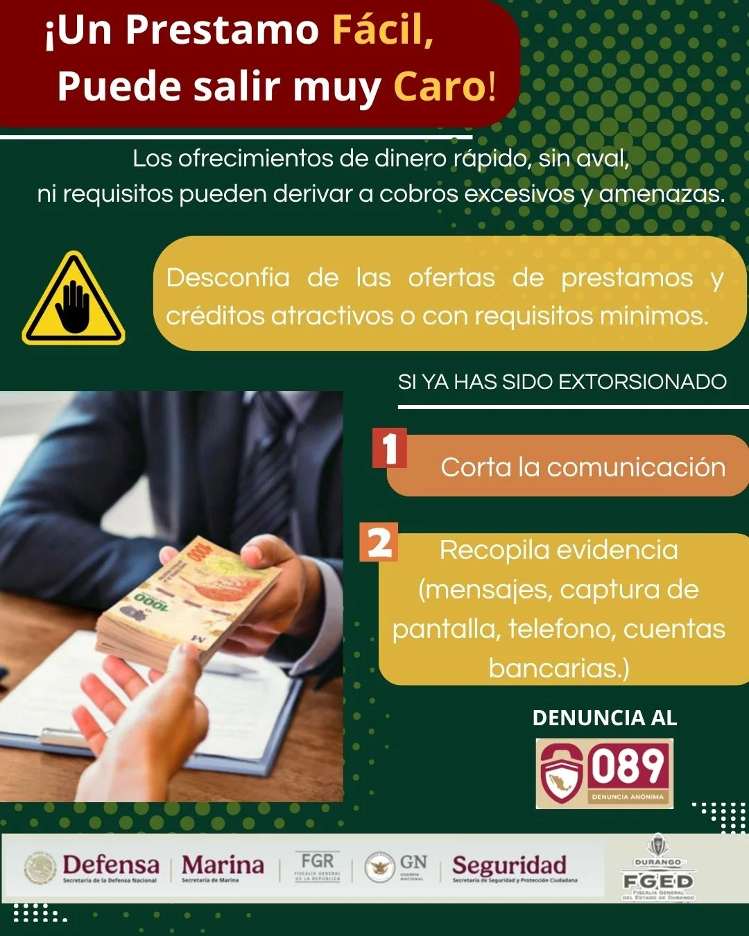 Llaman a evitar extorsiones con falsos préstamos en la Laguna de Durango