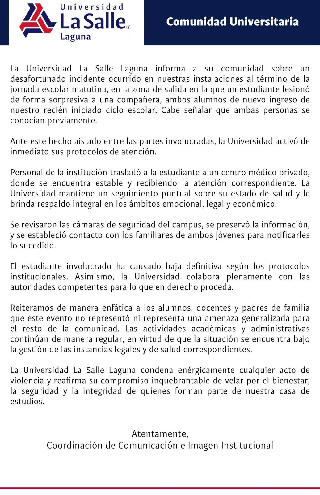 Estudiante agrede a compañera en instalaciones de La Salle Laguna