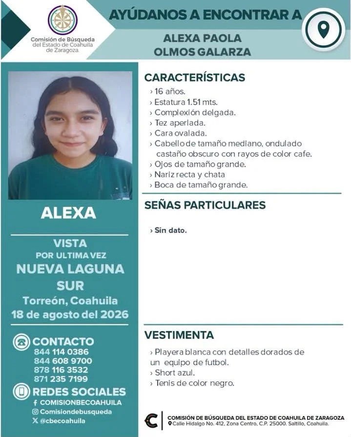 Buscan a adolescente de 16 años desaparecida en Torreón