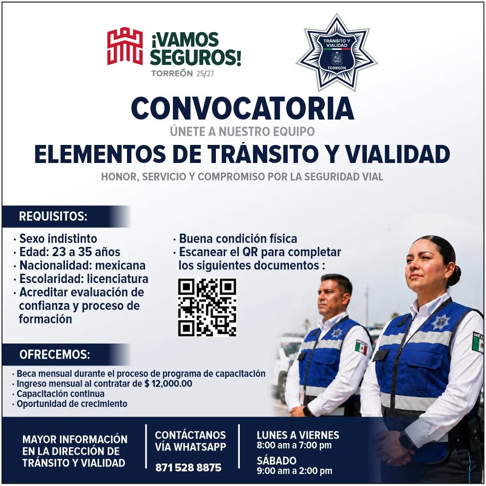 Tránsito de Torreón abre convocatoria para formar nuevos agentes viales