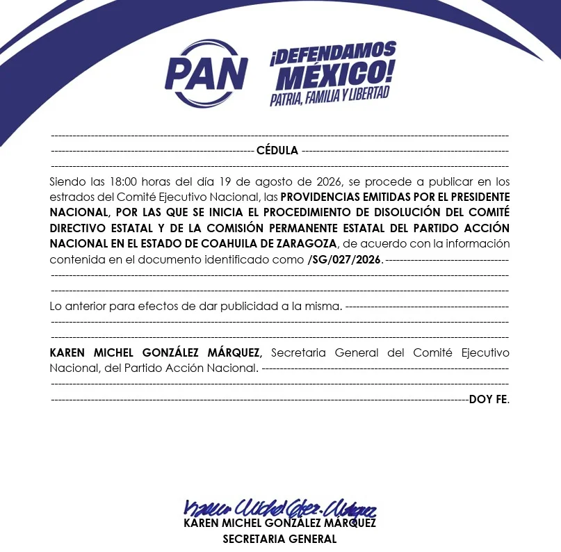 Inicia CEN del PAN proceso de disolución de Acción Nacional en Coahuila.