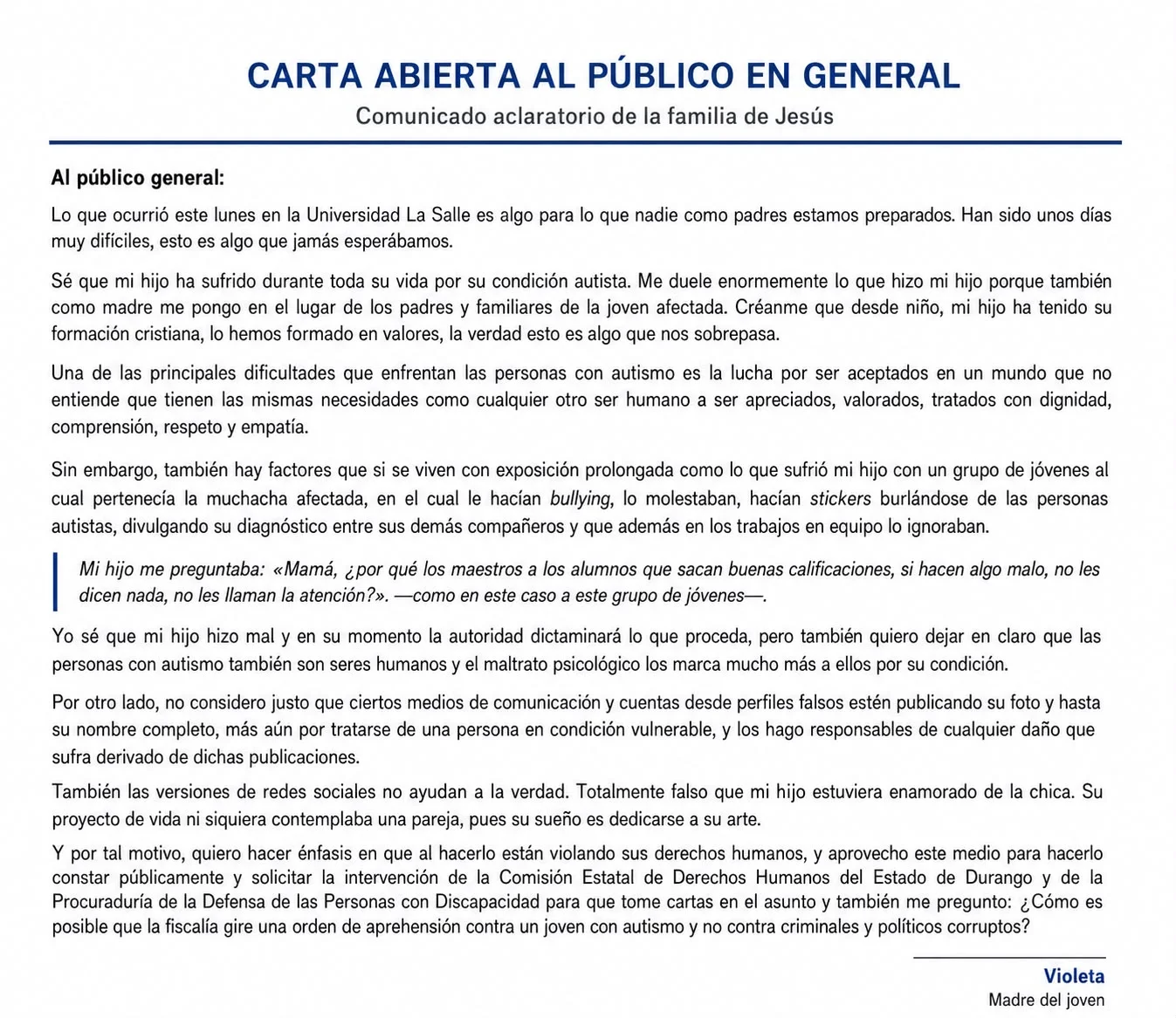 Tras agresión a estudiante de La Salle, familia del presunto responsable denuncia bullying previo