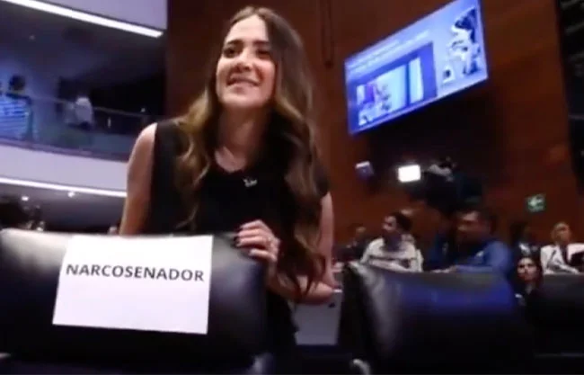 Priista cuelga pancarta de "narcosenador" en el escaño de Inzunza