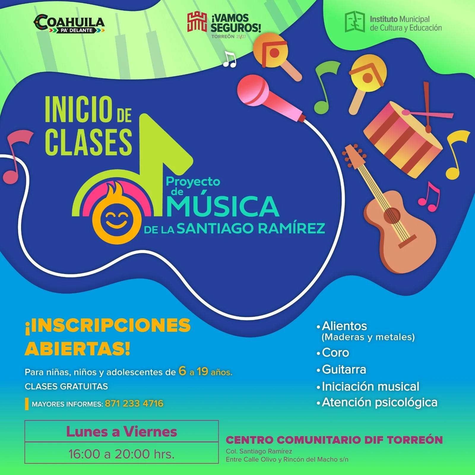 Abren inscripciones para clases gratuitas de música en la Santiago Ramírez