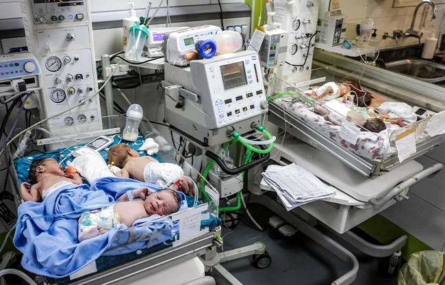 Bebés prematuros comparten incubadora en un hospital de Gaza