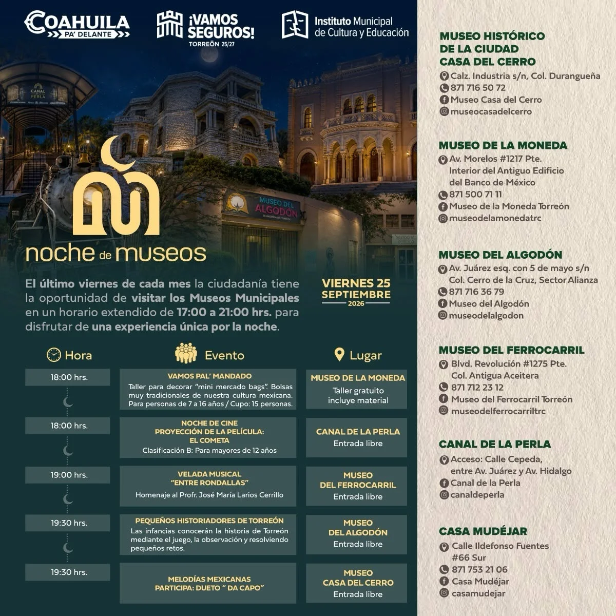 Vuelve la Noche de Museos a Torreón con música, literatura, cine e historia