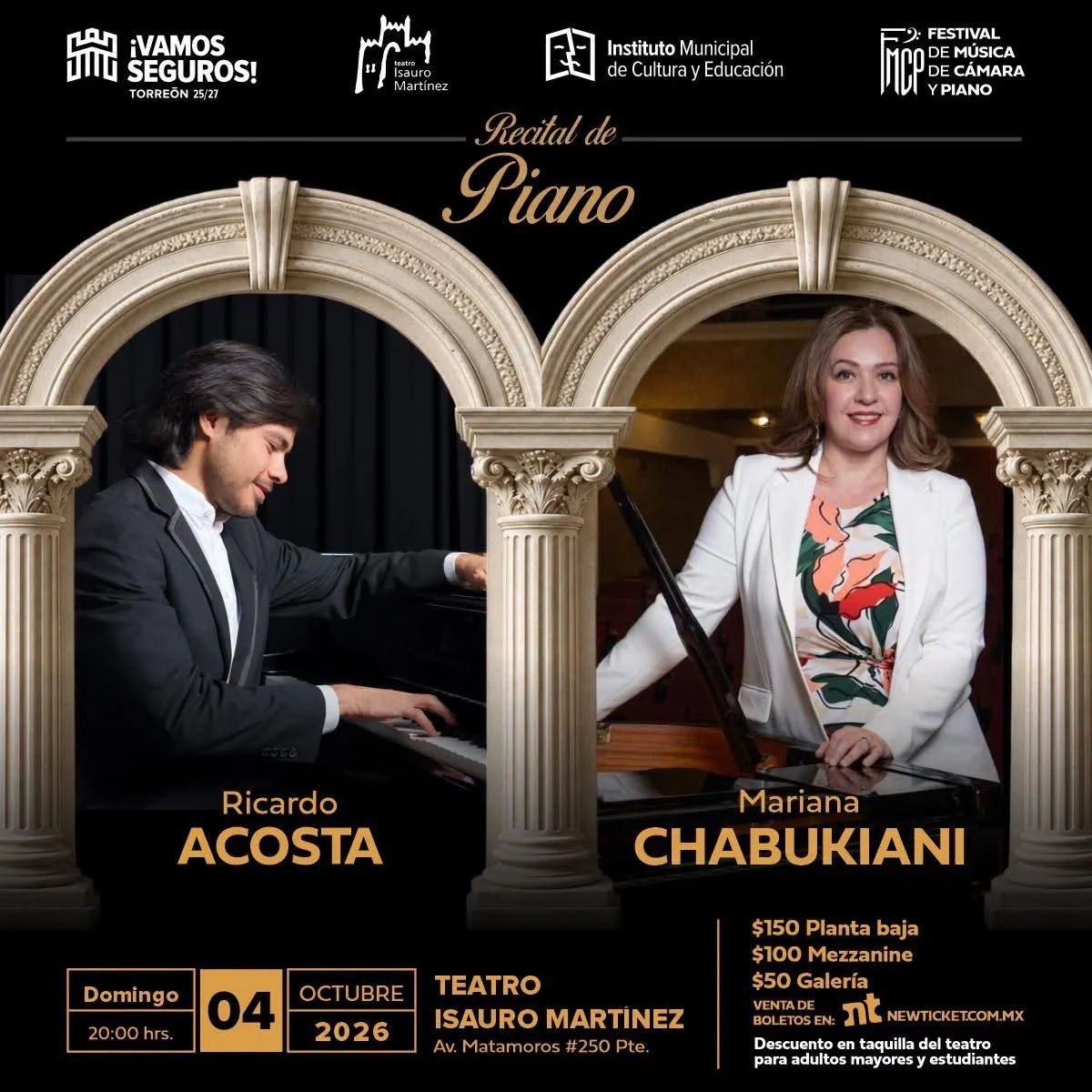 Ricardo Acosta y Mariana Chabukiani ofrecerán recital de piano en el Teatro Isauro Martínez