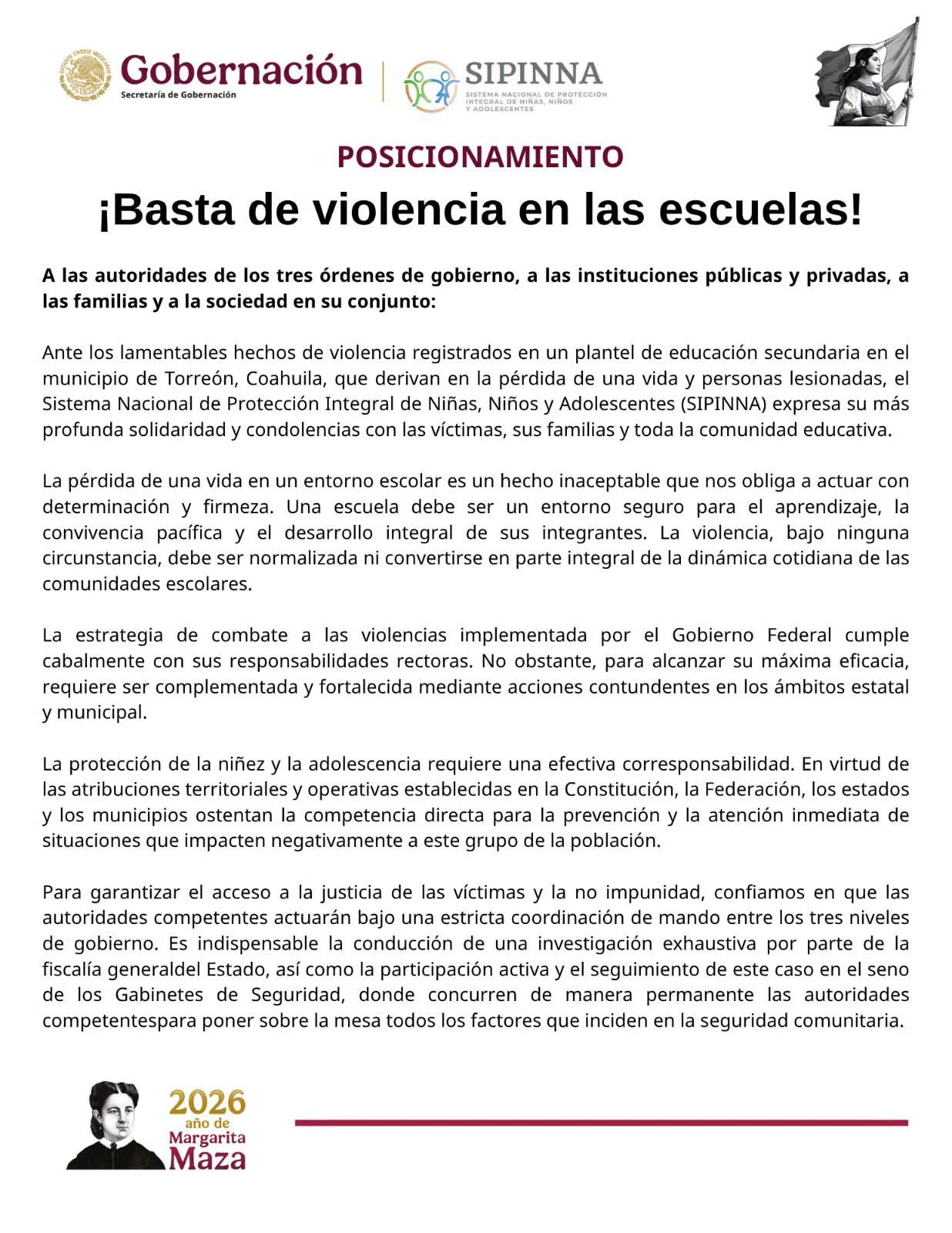 SIPINNA llama a reforzar prevención de violencia en escuelas tras hechos en Torreón