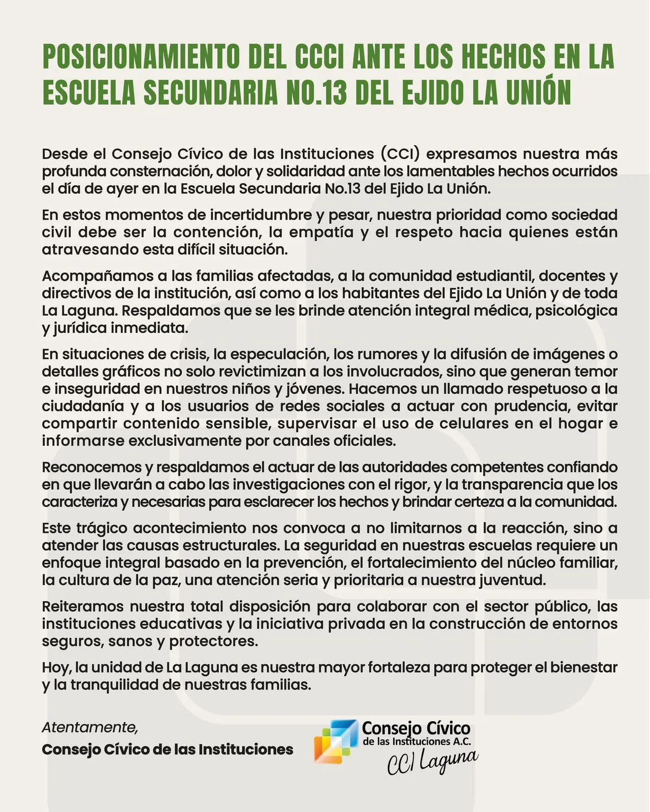 Se posiciona CCI Laguna sobre tragedia en ejido La Unión