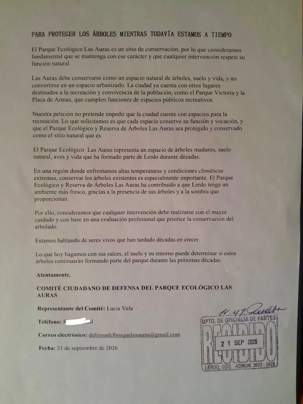 Exponen silencio de la alcaldía de Lerdo tras dos semanas de solicitud por el Bosque Las Auras