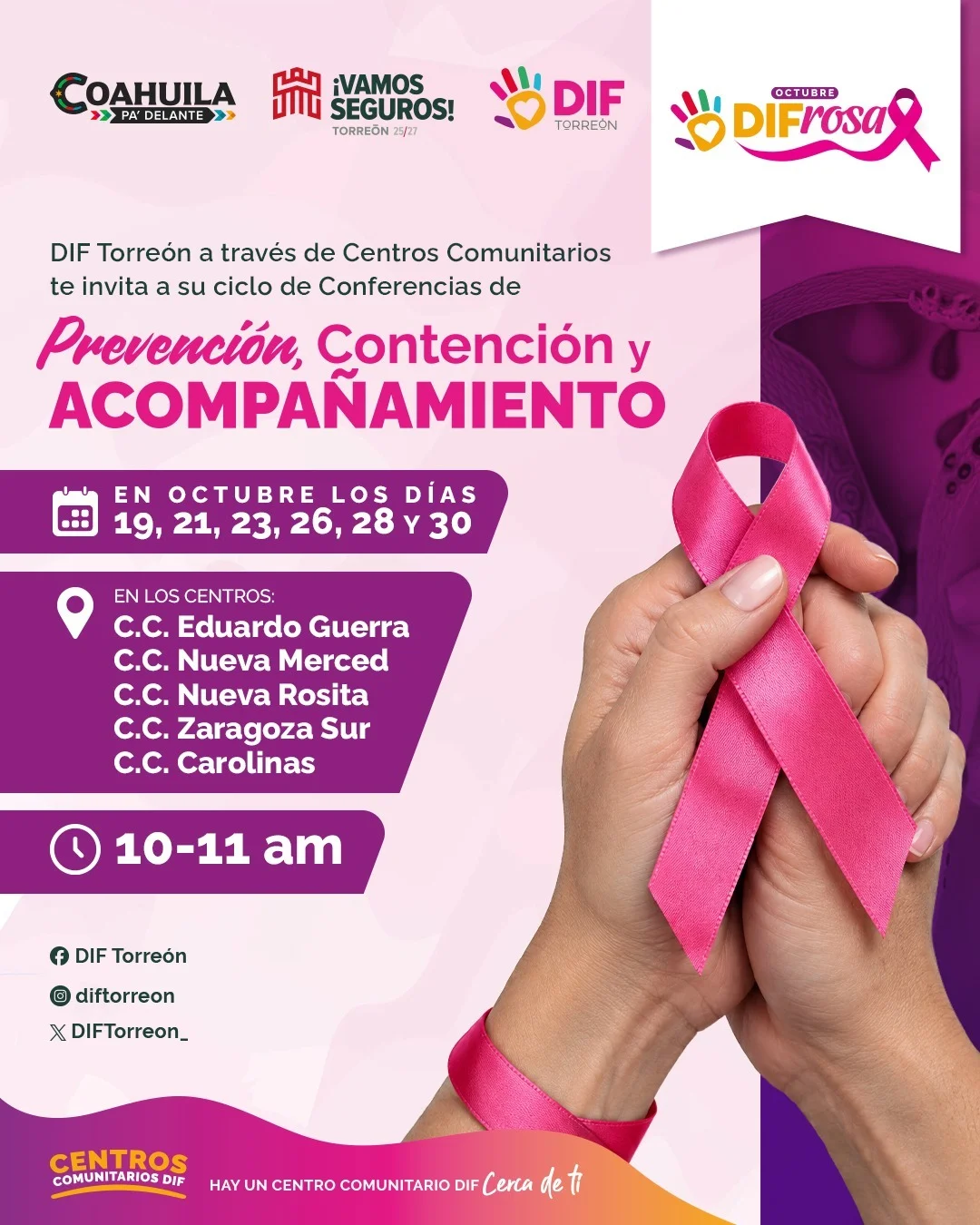 DIF Torreón ofrecerá pláticas sobre prevención y acompañamiento ante el cáncer de mama