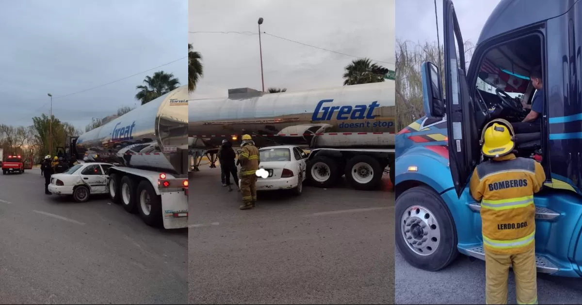 Carro se mete bajo una pipa en Lerdo, tripulantes se salvan